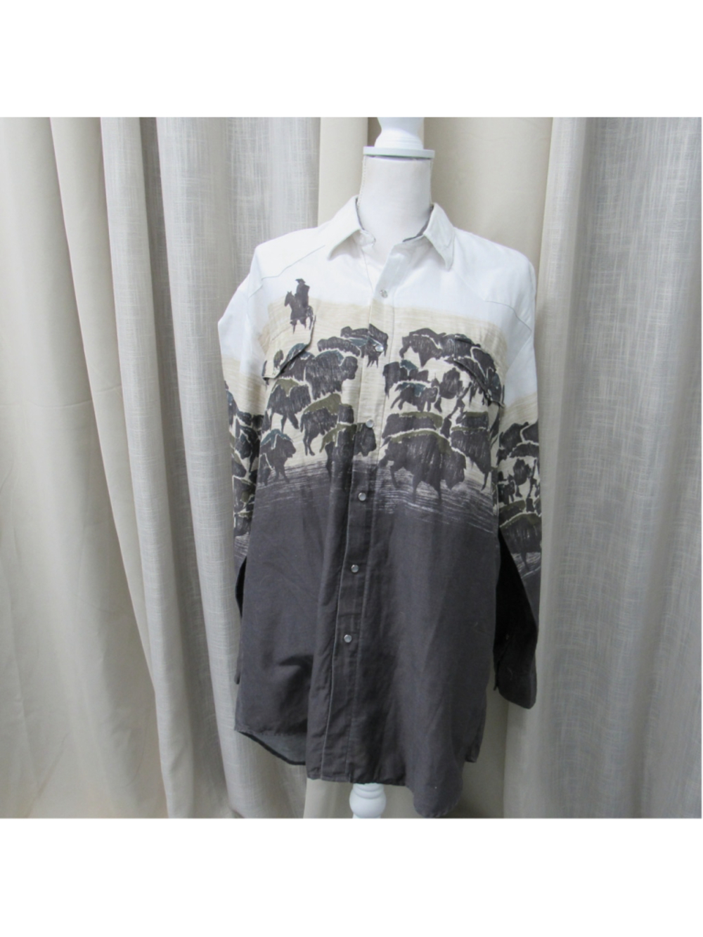 VTG 90s Roper Border Buffalo Herd Cowboy Ombre Pearl Snap Western Shirt L